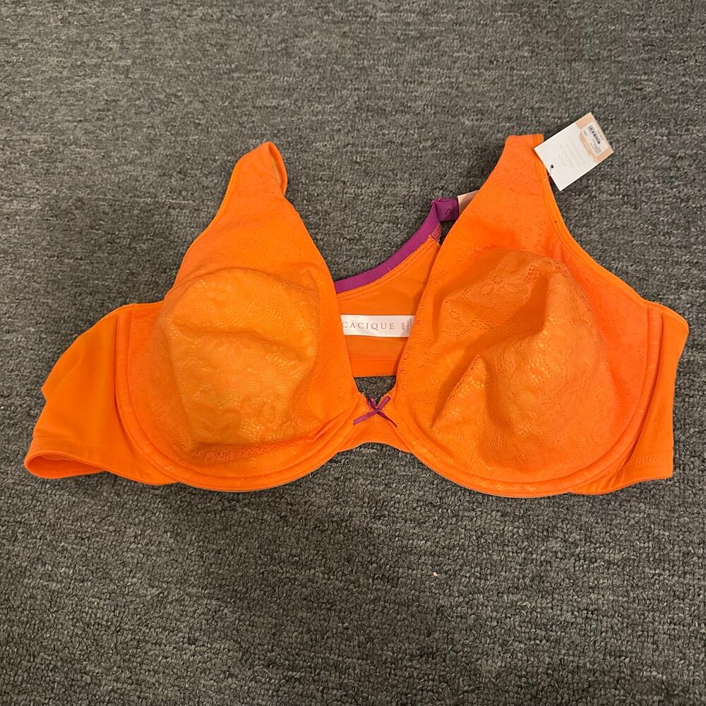 Lane Bryant Cacique Cotton Unlined Plunge Bra with Lace Red Coral Size 48D